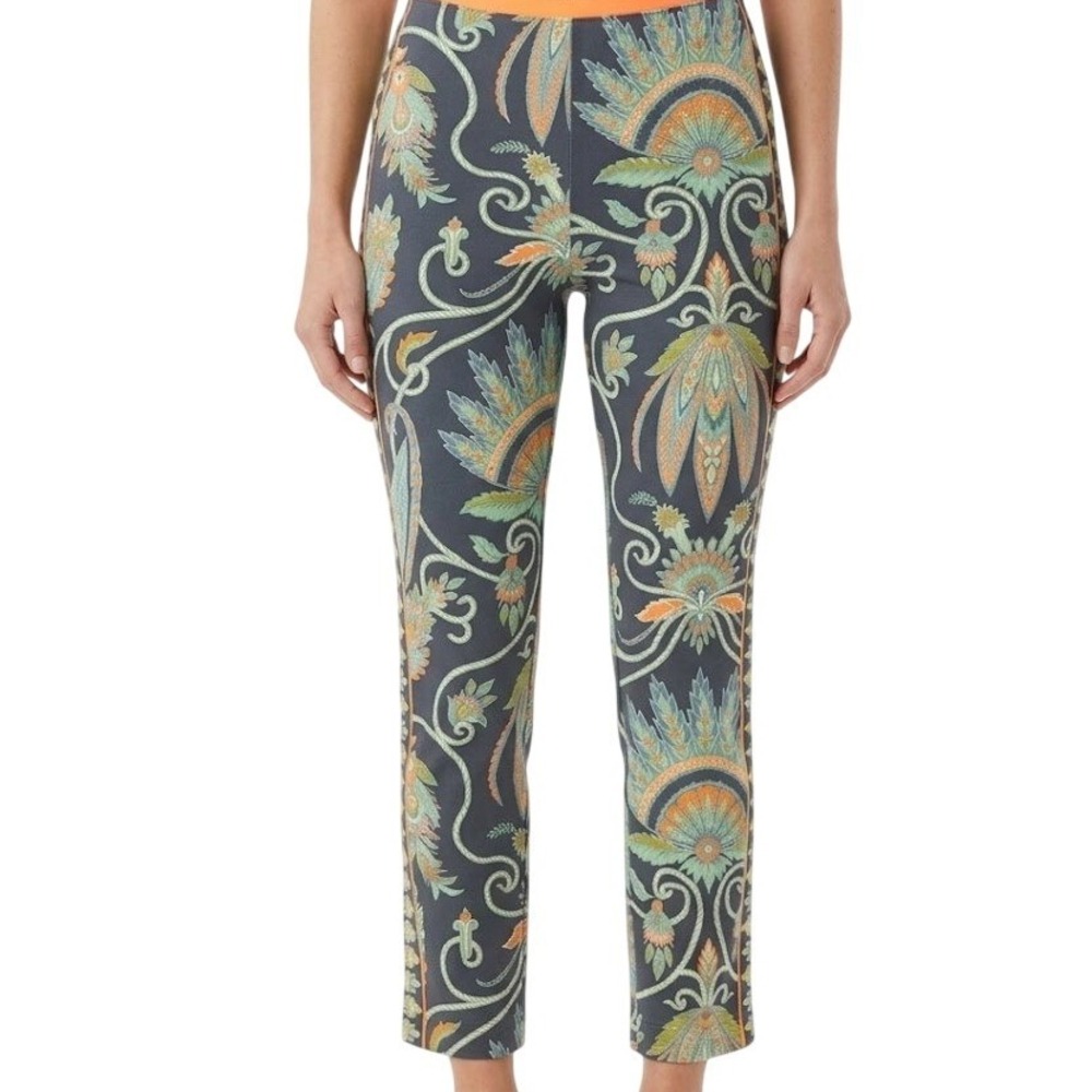 Gretchen Scott Small Teal Orange Paisley Print Stretch Ankle Pants Preppy Resort